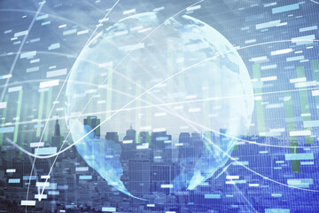 Double exposure of business theme hologram drawing and city veiw background. Concept of success.