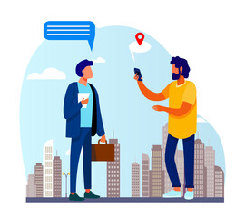 People using location app on phone. Asking way, speech bubble with map pointer flat vector illustration. Navigation, travel, communication concept for banner, website design or landing web page