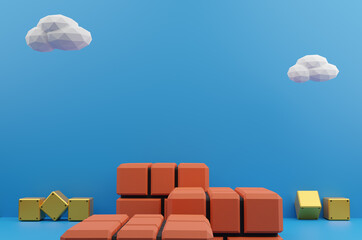 Obraz premium Minimal scene brick block and yellow steel block with white cloud on blue background. Geometric shape.3D rendering.Use For Product Showcase.