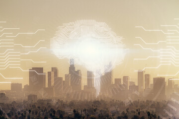 Brain hologram drawing on cityscape background multi exposure. Ai in modern city concept.