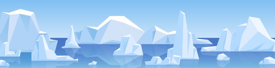 Beautiful panorama with natural arctic glacier and floating iceberg vector flat illustration. Panoramic landscape of north sea or arctic ocean snow mountains. Frozen nature of Antarctica © Good Studio