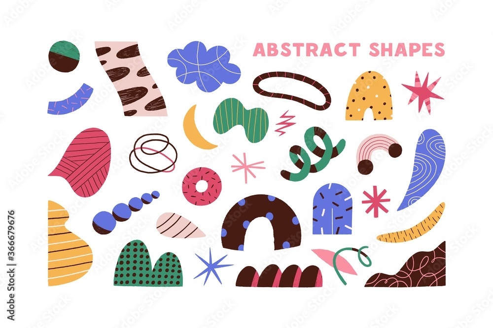 Poster collection of colorful doodle objects vector flat illustration. set of different abstract shapes - c