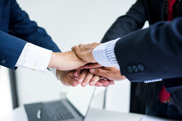 Hands of businessman support teamwork, community of colleagues business.