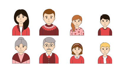 Family icon set with outline including mother, father, four kids and grandfather, grandmother