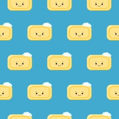 Seamless pattern pieces of solid yellow soap cute happy character. Color illustration on a blue background. kawaii style