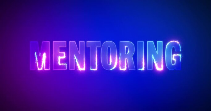 Mentoring. Electric lightning words. Burning Logo on purple blue background. High quality 4k footage