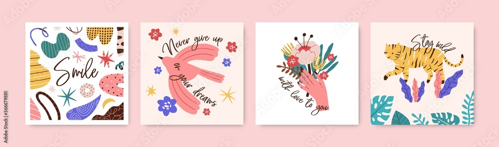 Aufkleber set of greeting cards with motivational phrases and elements vector flat illustration. collection of