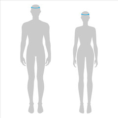 Women and men to do head measurement fashion Illustration for size chart. 7.5 head size girl and boy for site or online shop. Human body infographic template for clothes. 