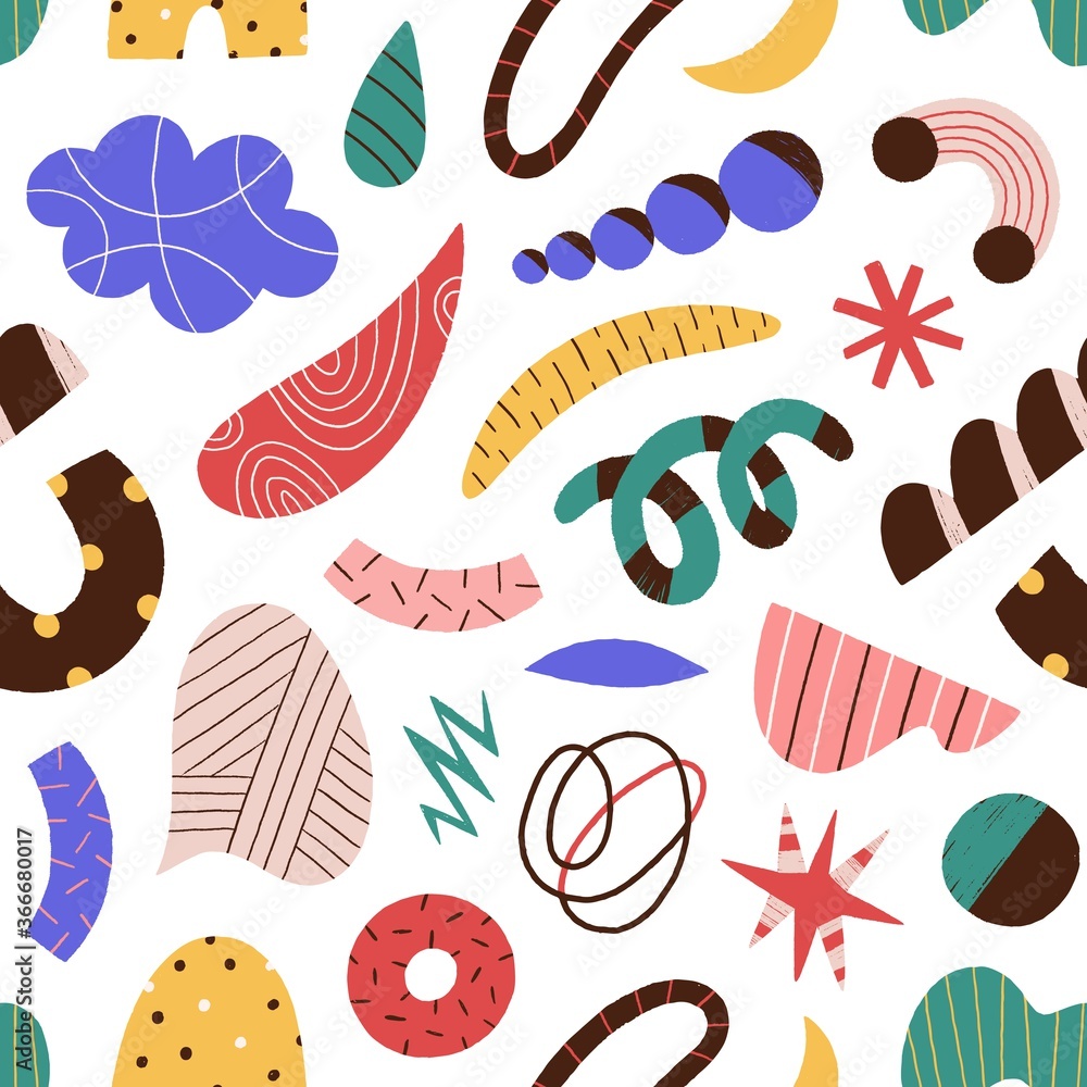 Poster Abstract colorful doodle scrawl seamless pattern. Trendy elements and objects - curves, dots, spots, stars, scribbles vector flat illustration. Decorative cute geometric shapes
