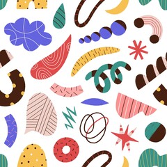 Abstract colorful doodle scrawl seamless pattern. Trendy elements and objects - curves, dots, spots, stars, scribbles vector flat illustration. Decorative cute geometric shapes