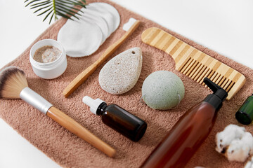beauty, sustainability and eco living concept - natural cosmetics and bodycare eco products on white background