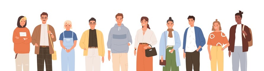 Group of friendly diverse people standing together vector flat illustration. Men and women of various ages posing isolated on white. Happy old and young generations characters. Social diversity