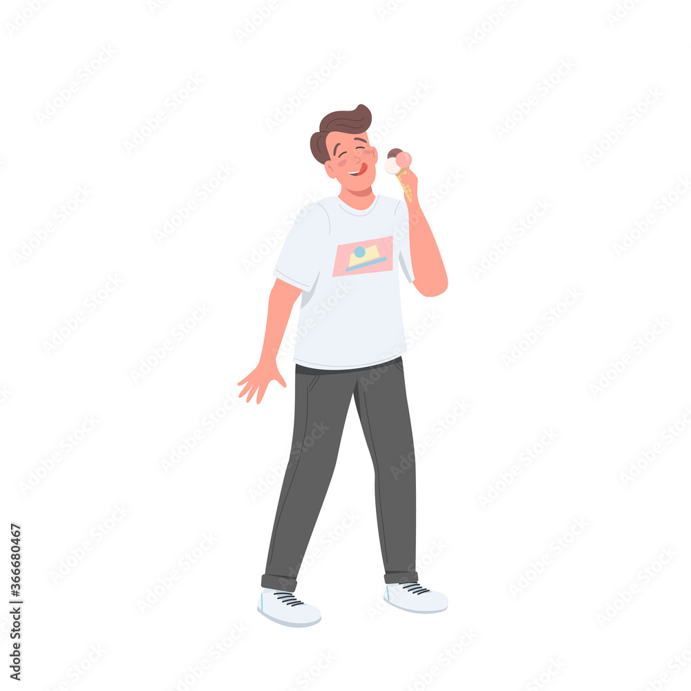 Poster man with ice cream flat color vector faceless character