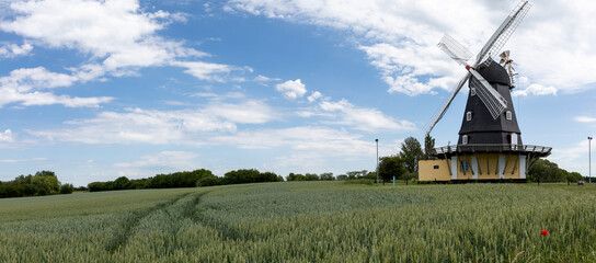 old wind mill in denmark with a field