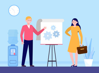 Manager presenting technical solution. Speaker pointing hands at gears on flipchart flat vector illustration. Presentation, engineering concept for banner, website design or landing web page