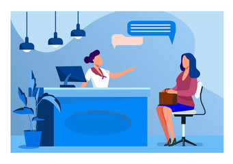 Customer and manager talking at reception desk. Clinic, consultation, reservation flat vector illustration. Communication, service concept for banner, website design or landing web page