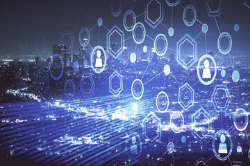 Multi exposure of social network theme drawing and cityscape background. Concept of people connecton.