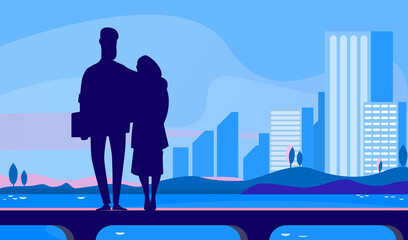 Couple standing on sea pierce at night. Silhouette of young man and woman hugging flat vector illustration. Romance, dating outdoors concept for banner, website design or landing web page