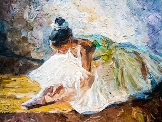 Fototapeta na wymiar Little girl, ballerina in a lush white ballet tutu, tying pointe shoes in the dance class, under bright daylight. The background is created with expressive strokes. Oil painting on canvas.