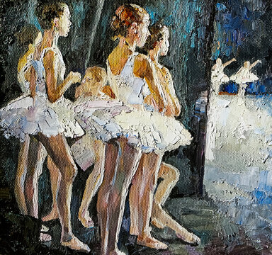 Young little ballerinas behind the curtain are waiting for performances on stage. Oil painting on canvas.