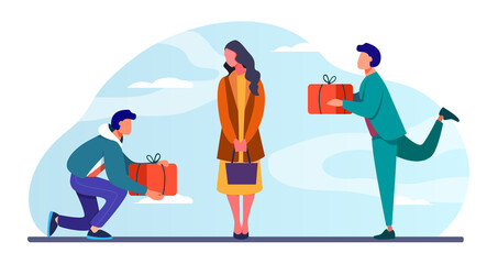 Young woman getting gifts from adorers. Presents, admirers, rivals in love flat vector illustration. Giving gifts, dating, relationship concept for banner, website design or landing web page