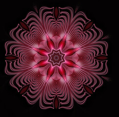 Abstract fractal pink circular pattern on a dark cherry background. Kaleidoscope