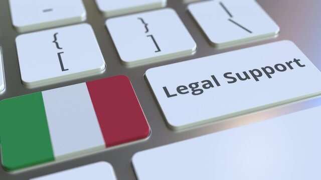 Legal Support text and flag of Italy on the computer keyboard. Online legal service related 3D animation