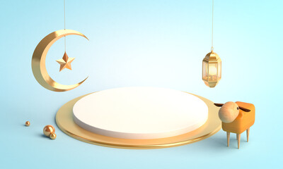 3d-illustration islamic holiday concept. Islamic product display mock up on light blue background. Wood sheep toy, arabic lantern, crescent, star