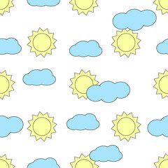Seamless pattern with sun and clouds. Colorful background.
