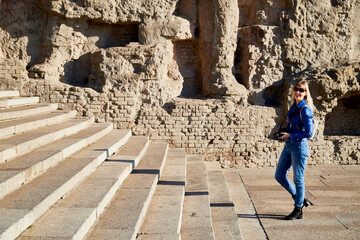 Volgograd, Russia - October 18, 2019: Tourist in park of historical war complex Mamaev Kurgan in Volgograd, Russia.