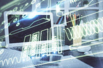 Desktop computer background and education theme drawing. Double exposure. Study concept.