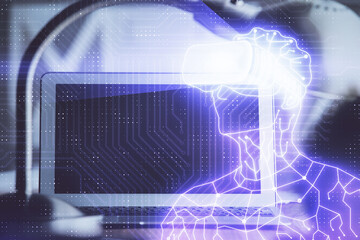 Computer on desktop with AR theme icon. Multi exposure. Concept of augmented reality.