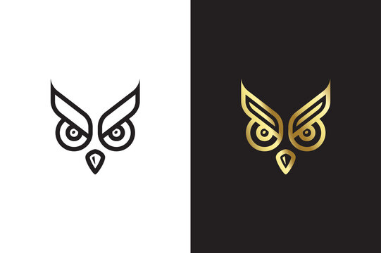 Owl eyes symbol template. Black and golden owl logos isolated on white and black background. Vector illustration.
