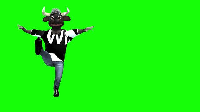 4k 3d funny animations of a cartoon Bull and cow in two different scenes , first scene with Bull dancing the can-can and break dancing and the second the cartoon cow standing , talking and waving.