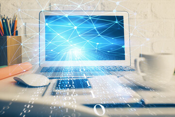 Double exposure of desktop with personal computer on background and tech theme drawing. Concept of Bigdata.