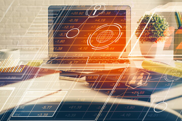 Multi exposure of desktop with personal computer and tech theme drawing. Concept of Bigdata.