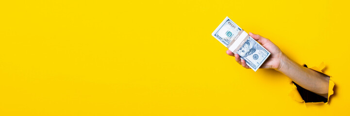 Woman's hand holds a bundle of one hundred dollar bills on a yellow background. Banner.
