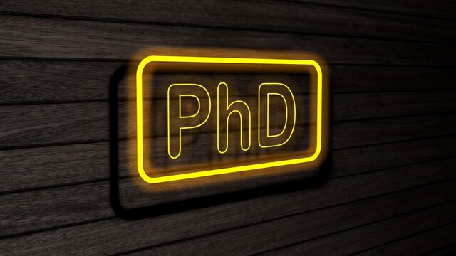 PhD yellow color neon fluorescent tubes signs on wooden wall. 3D render, illustration, poster, banner. Inscription, concept on gray wooden wall background.