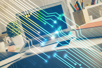 Multi exposure of desktop with personal computer and tech theme drawing. Concept of Bigdata.