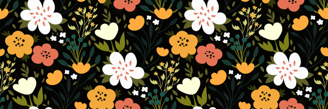 Elegant seamless pattern with colorful flowers, leaves, herbs on a dark background. Plants of tropical forest, meadows. Hand drawn Floral print, Wallpaper, template for fashion design, fabrics. Vector