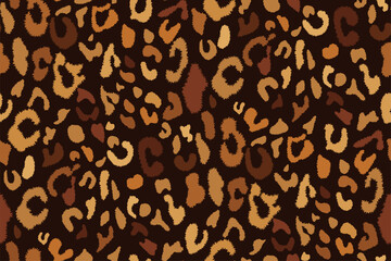 Animal seamless print. Pattern with leopard spots in brown and gold tones on a black background. Spotted grunge texture. Modern vintage template for fashion design. Hand drawn vector illustration.