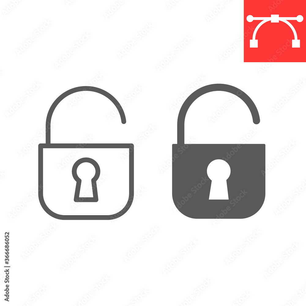 Poster unlock line and glyph icon, ui and button, padlock sign vector graphics, editable stroke linear icon