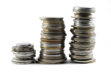 Currency coins of rupees five, rupee one, rupees two and more. Image depicting currency, expenses...