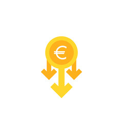 golden euro coin and down arrows. Flat vector icon isolated on white.