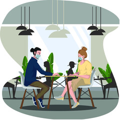 Man and woman are having dinner together at restaurant during new normal