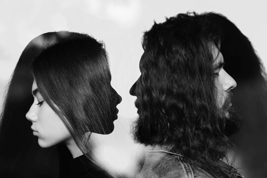 Man and woman profile multiple exposure portrait. Codependency and relationship