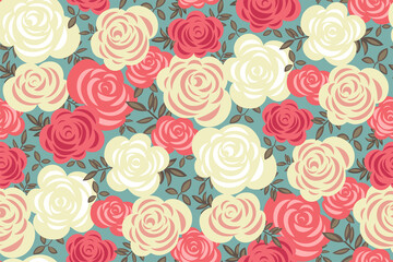 Fototapeta na wymiar Seamless floral pattern with pink, white roses (peonies) , leaves on a turquoise background. Vintage sophisticated design. Rose flower print, template for fabrics, wrapping paper, clothing... Vector.