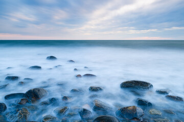 Moody coastal scene at long exposure, Sweden.