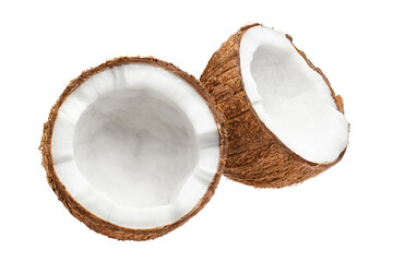 Two tasty coconut halves close-up, isolated on white background