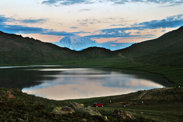 landscape of  lake and mountains in morning light,  sheosar lake and nanga parbat in Pakistan 